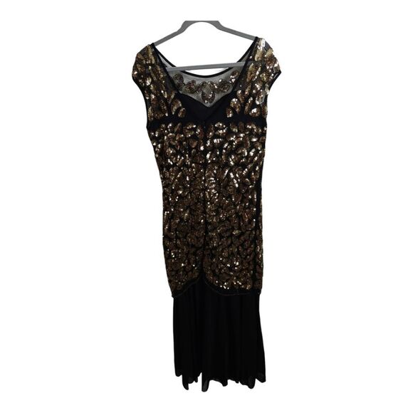 Black and Gold Embroidered Embellished Beaded Sequin Maxi Dress Size L - Picture 6 of 10